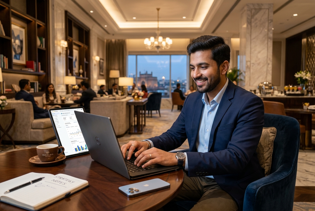 Portrait of happy young male network engineer with laptop in hand working in datacenter.