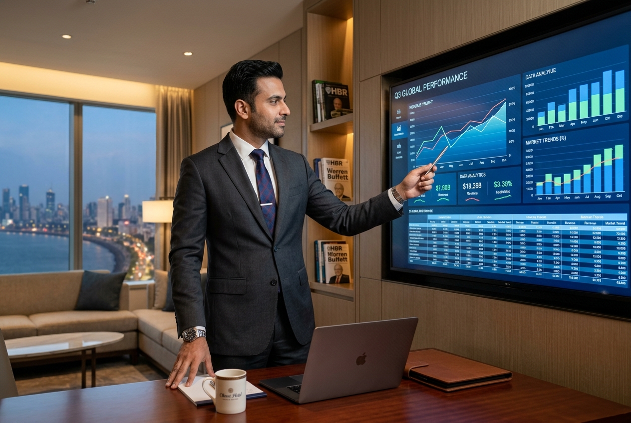 African man in a black suit. Big TV screen. Guy shows presentation.